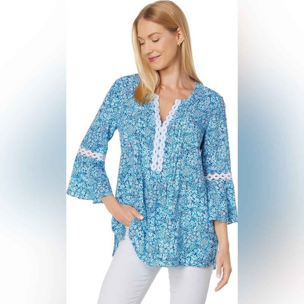 Lilly Pulitzer Hollie Tunic Floral Blouse Lace Resort Wear Beach Top medium
